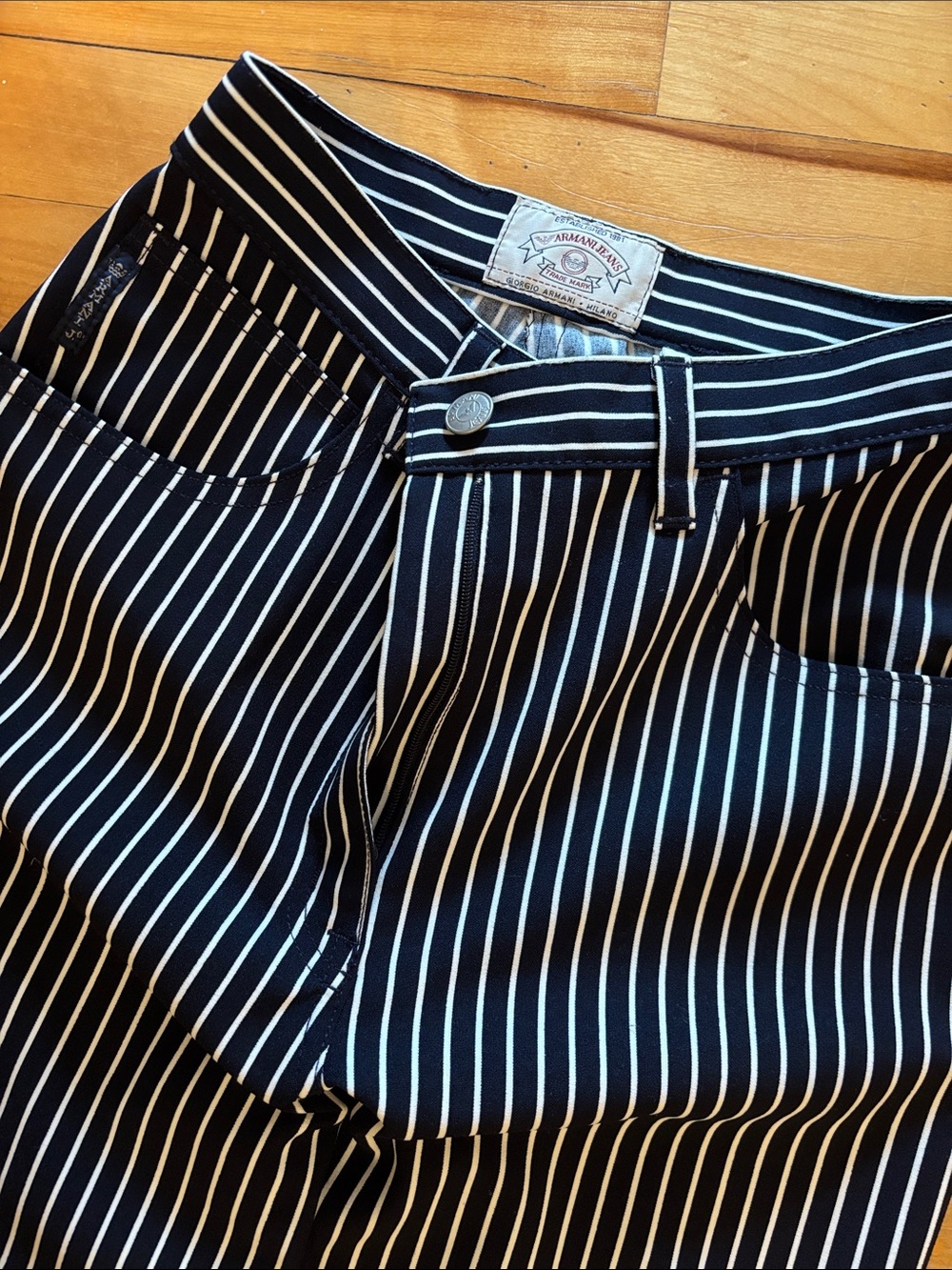 Vintage Armani Jeans Navy & White Striped Straight-Leg Pants